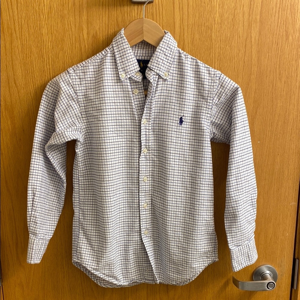 Ralph Lauren Boys White Button-Down Shirt with Navy Grid